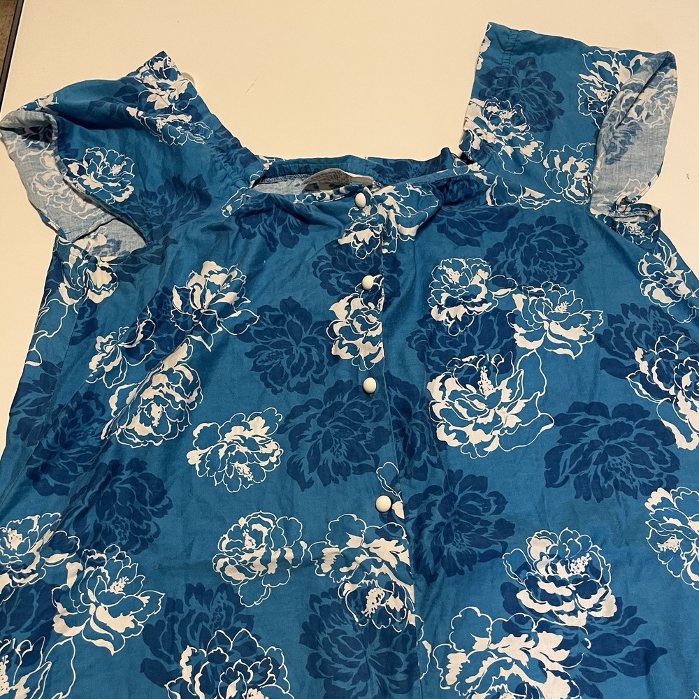 VTG Hilo Hattie Floral Dress Size L, Blue White Tropical Ruffle Muumuu , Hawaii - Picture 4 of 8